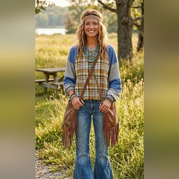 Story Teller Sweaters - Story Teller Plaid Raglan Sleeve Sweater Model Off Duty Boho NWOT